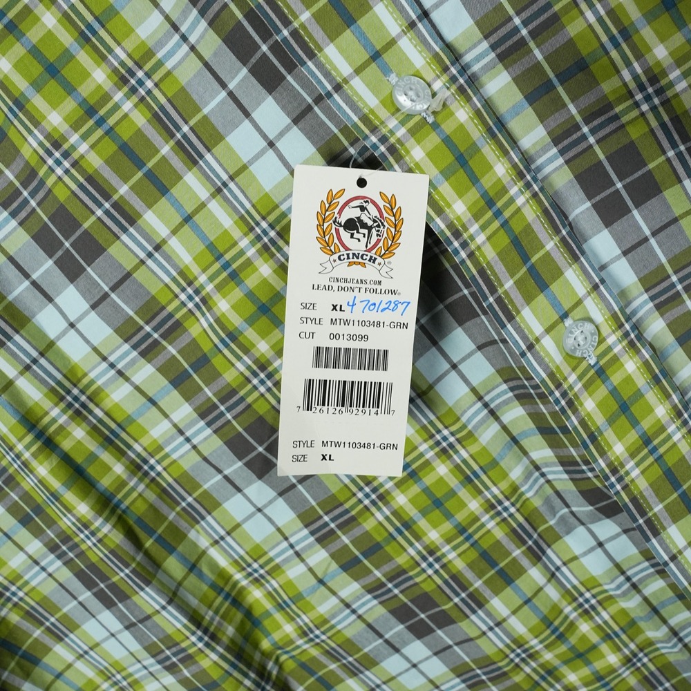 Cinch Mens XL Lime Green Blue Plaid Long Sleeve Button Down Shirt MTW1103481 NEW - Picture 5 of 8